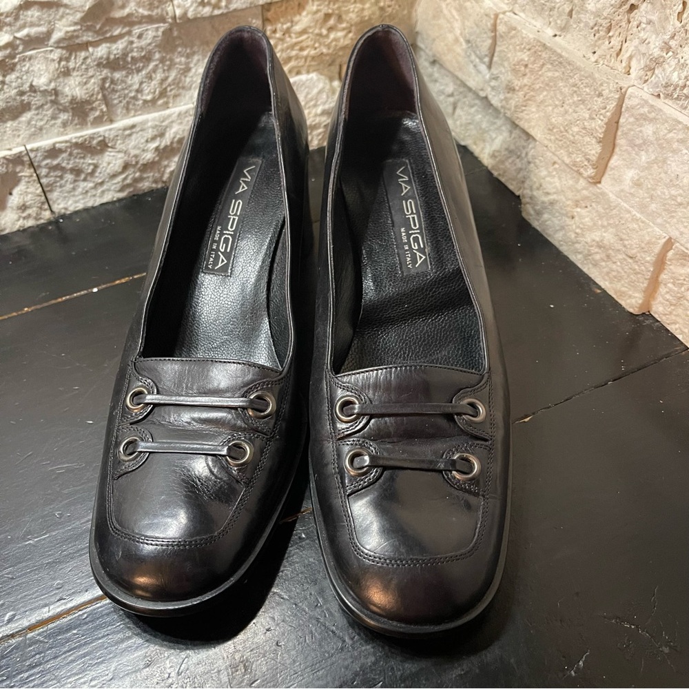 Via Spiga Square Toe Leather Black Heels Sz 9 Made in Italy Vintagr 90s - Picture 2 of 11